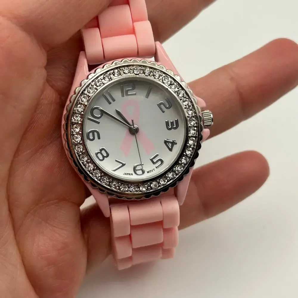 Geneva Ladies Crystal Rhinestone Breast Cancer Awareness Watch New Battery